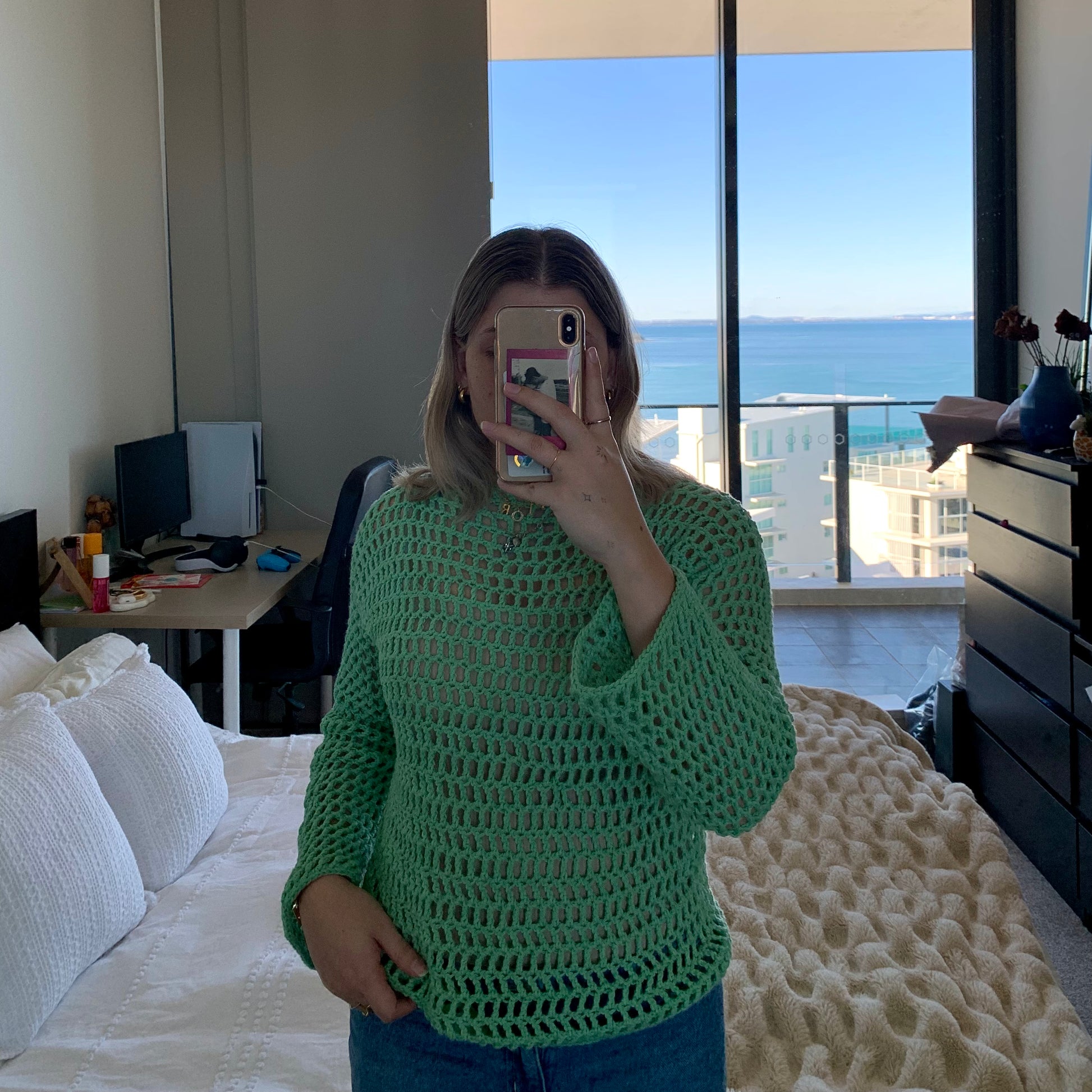 green crochet mesh sweater