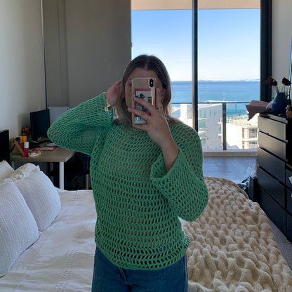 green crochet mesh sweater
