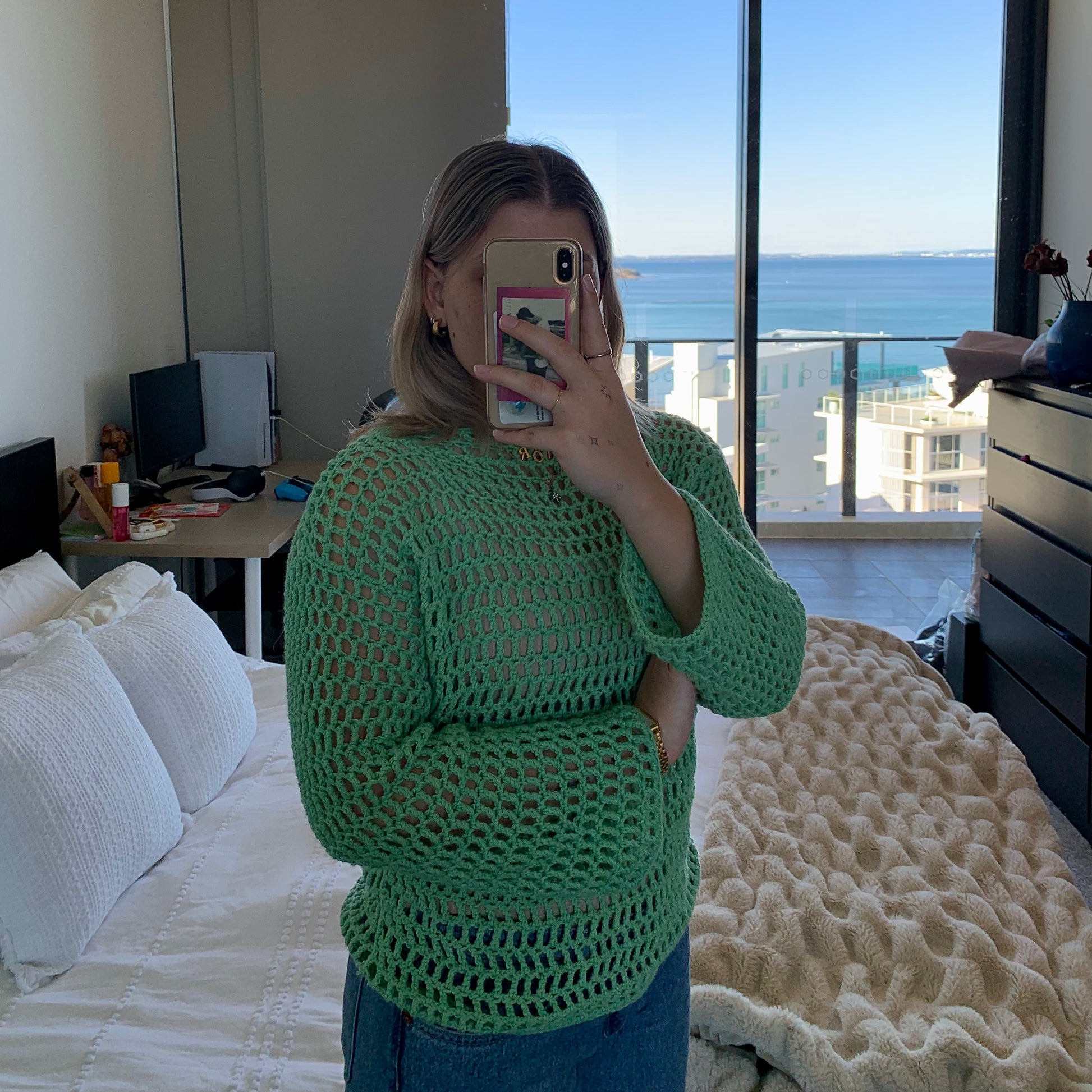 green crochet mesh sweater