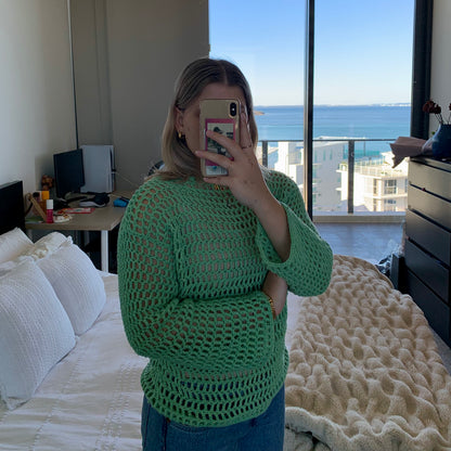 green crochet mesh sweater