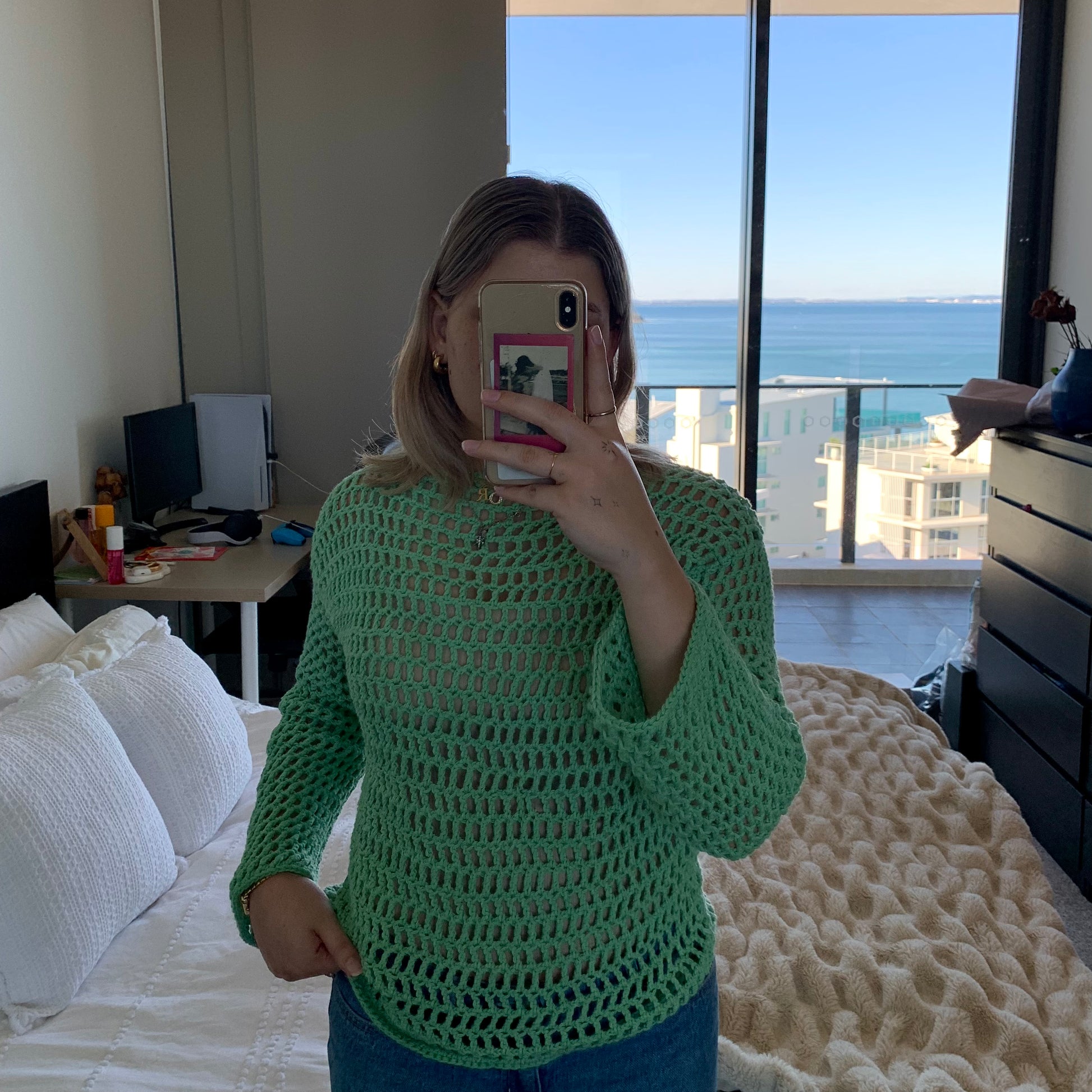 green crochet mesh sweater